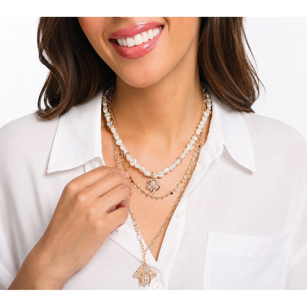 Joan Rivers Triple Strand Layered Bee Necklace Faux Pearls Crystal Flower Gold